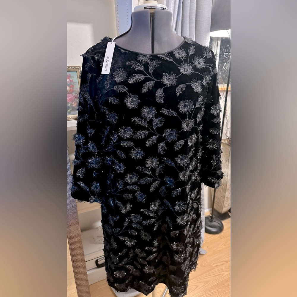 Chicos Black Velvet Silver Flowers Cocktail Dress Med Little Black Dress Festive